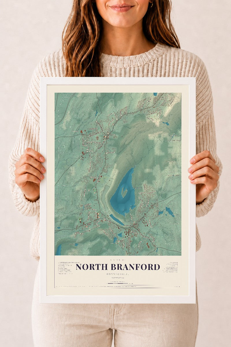 North Branford, Connecticut map print, 12" x 18", W/ White Ayous Wood Frame