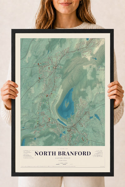 North Branford, Connecticut map print, 18" x 24", W/ Black Ayous Wood Frame