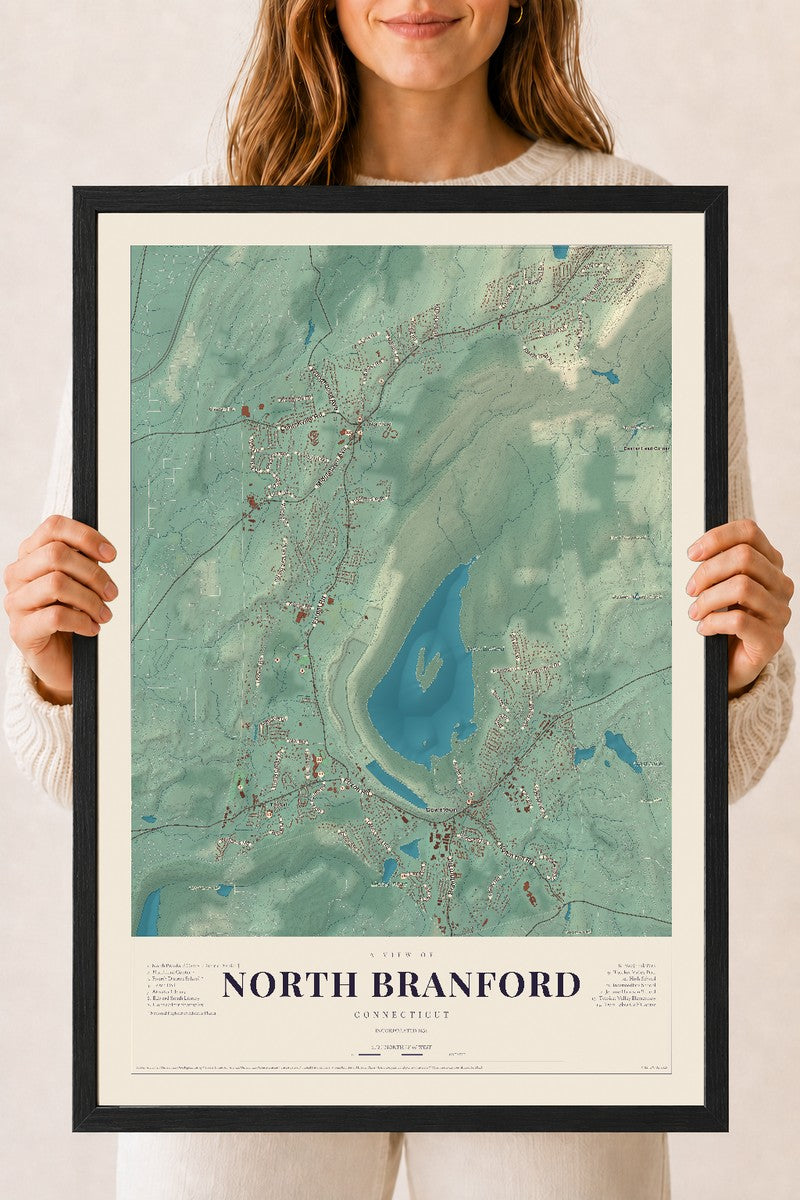 North Branford, Connecticut map print, 18" x 24", W/ Black Ayous Wood Frame