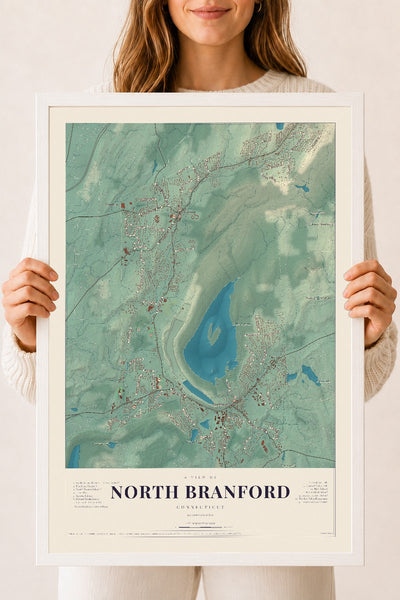 North Branford, Connecticut map print, 18" x 24", W/ White Ayous Wood Frame
