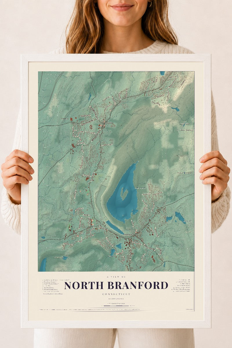North Branford, Connecticut map print, 18" x 24", W/ White Ayous Wood Frame
