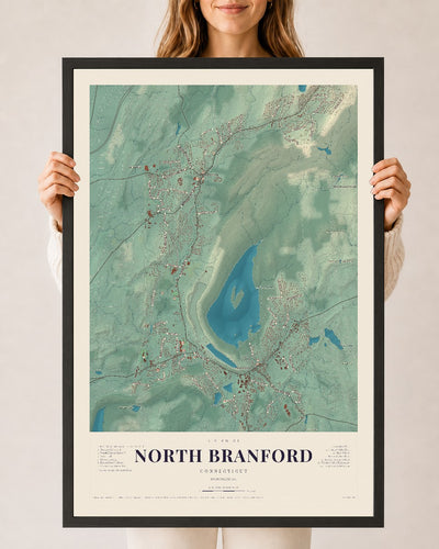 North Branford, Connecticut map print, 24" x 36", W/ Black Ayous Wood Frame