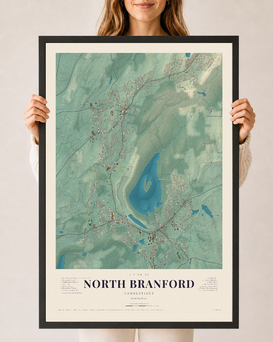North Branford, Connecticut map print, 24" x 36", W/ Black Ayous Wood Frame