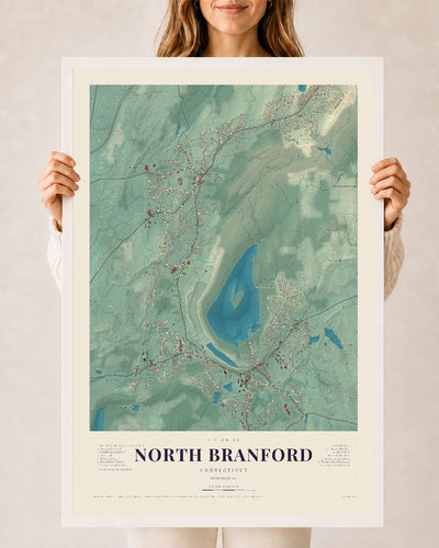 North Branford, Connecticut map print, 24" x 36", W/ White Ayous Wood Frame