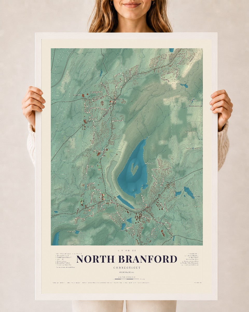 North Branford, Connecticut map print, 24" x 36", W/ White Ayous Wood Frame