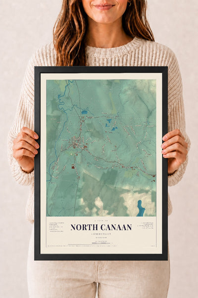 North Canaan, Connecticut map print, 12" x 18", W/ Black Ayous Wood Frame