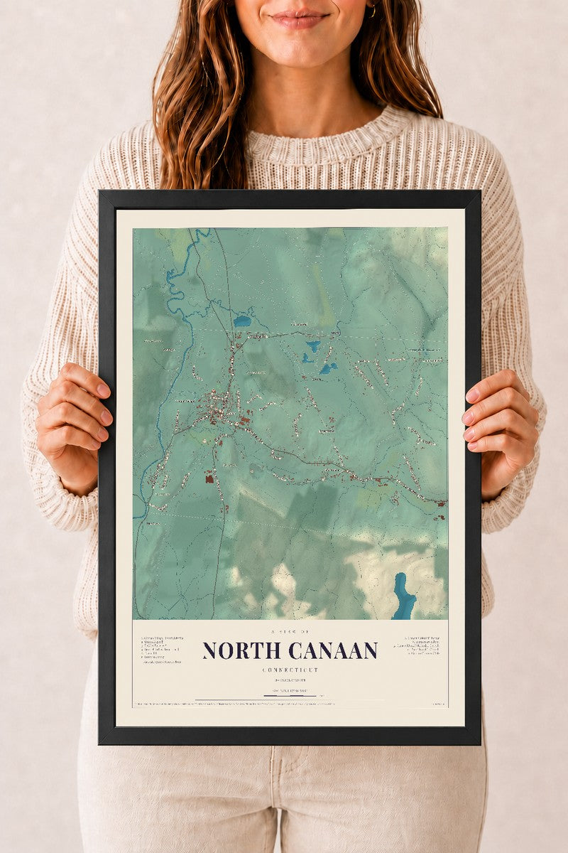 North Canaan, Connecticut map print, 12" x 18", W/ Black Ayous Wood Frame
