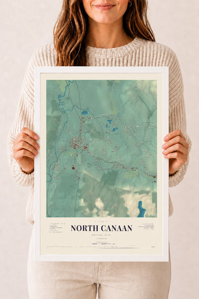 North Canaan, Connecticut map print, 12" x 18", W/ White Ayous Wood Frame
