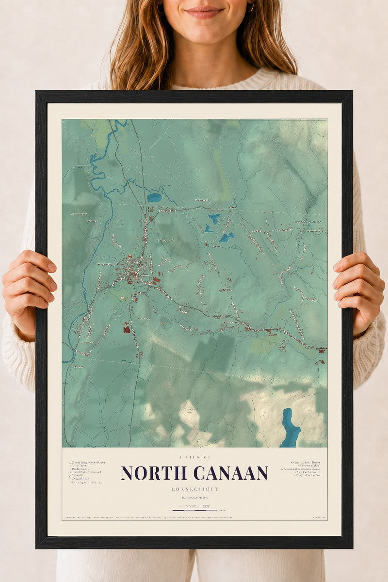 North Canaan, Connecticut map print, 18" x 24", W/ Black Ayous Wood Frame