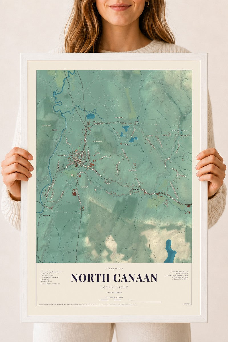 North Canaan, Connecticut map print, 18" x 24", W/ White Ayous Wood Frame