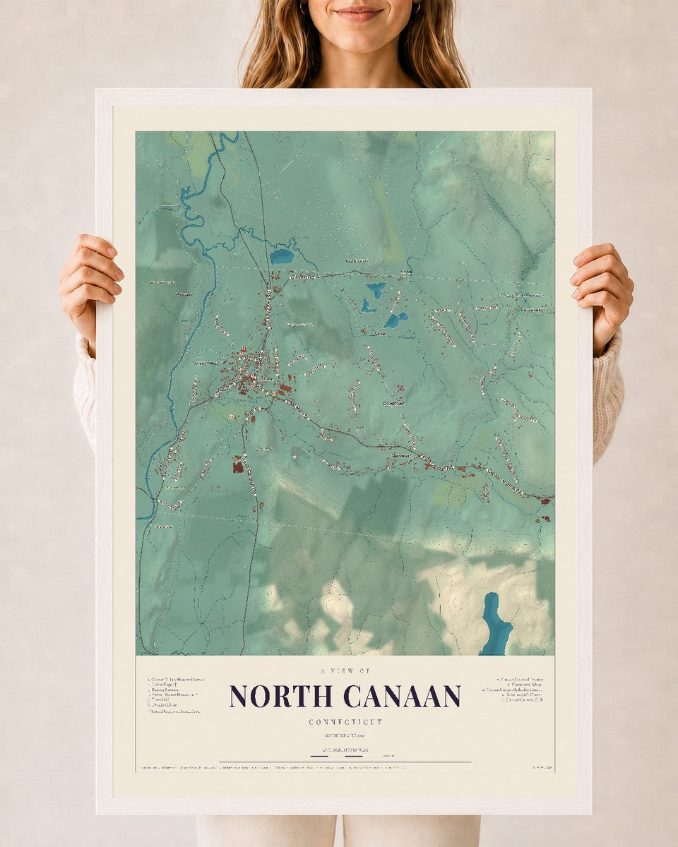 North Canaan, Connecticut map print, 24" x 36", W/ White Ayous Wood Frame