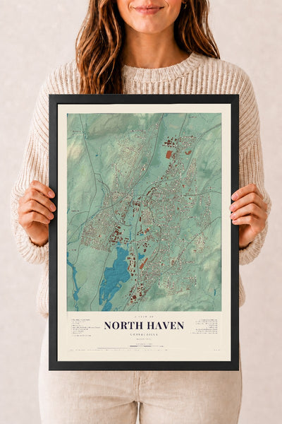 North Haven, Connecticut map print, 12" x 18", W/ Black Ayous Wood Frame