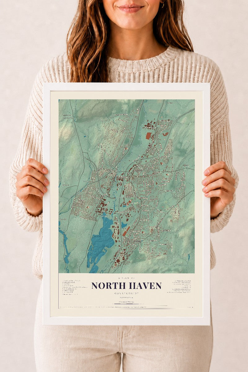 North Haven, Connecticut map print, 12" x 18", W/ White Ayous Wood Frame