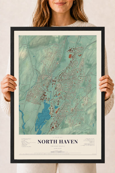 North Haven, Connecticut map print, 18" x 24", W/ Black Ayous Wood Frame