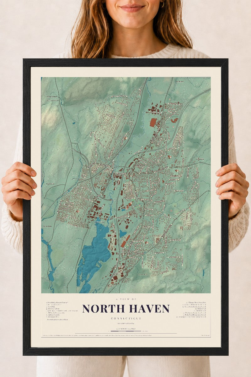 North Haven, Connecticut map print, 18" x 24", W/ Black Ayous Wood Frame
