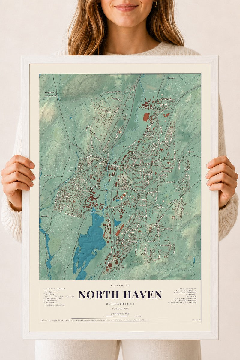 North Haven, Connecticut map print, 18" x 24", W/ White Ayous Wood Frame