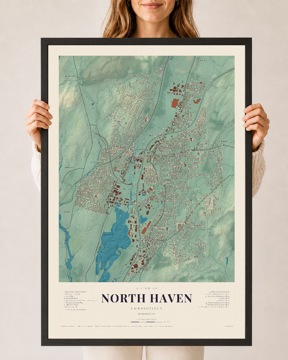 North Haven, Connecticut map print, 24" x 36", W/ Black Ayous Wood Frame