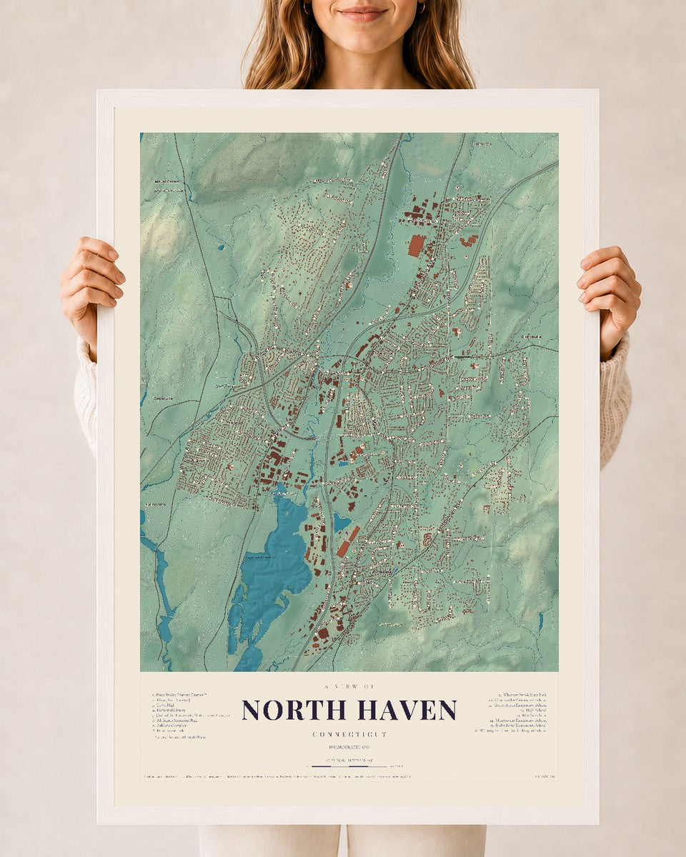 North Haven, Connecticut map print, 24" x 36", W/ White Ayous Wood Frame