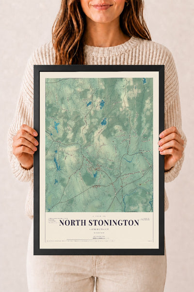 North Stonington, Connecticut map print, 12" x 18", W/ Black Ayous Wood Frame