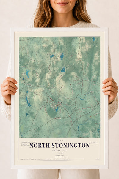 North Stonington, Connecticut map print, 18" x 24", W/ White Ayous Wood Frame