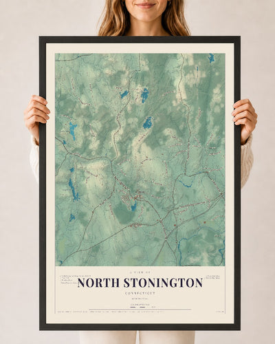North Stonington, Connecticut map print, 24" x 36", W/ Black Ayous Wood Frame