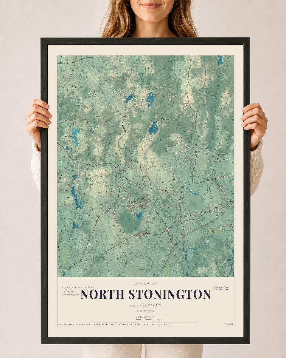 North Stonington, Connecticut map print, 24" x 36", W/ Black Ayous Wood Frame