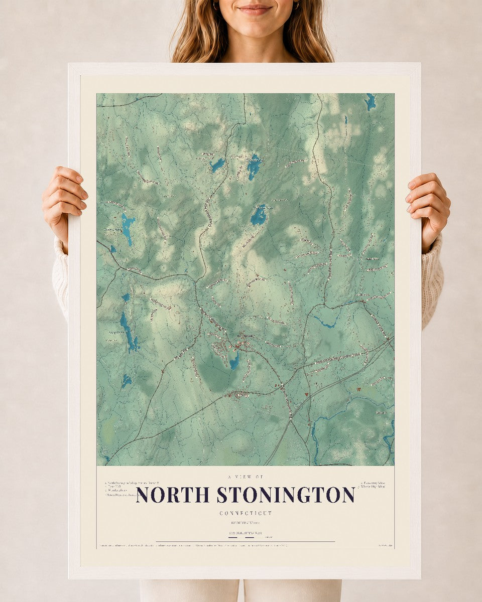 North Stonington, Connecticut map print, 24" x 36", W/ White Ayous Wood Frame