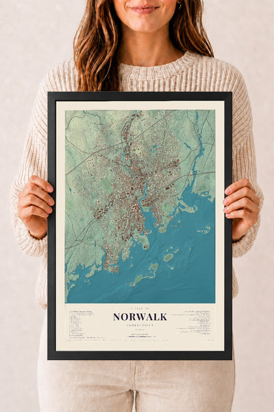 Norwalk, Connecticut map print, 12" x 18", W/ Black Ayous Wood Frame