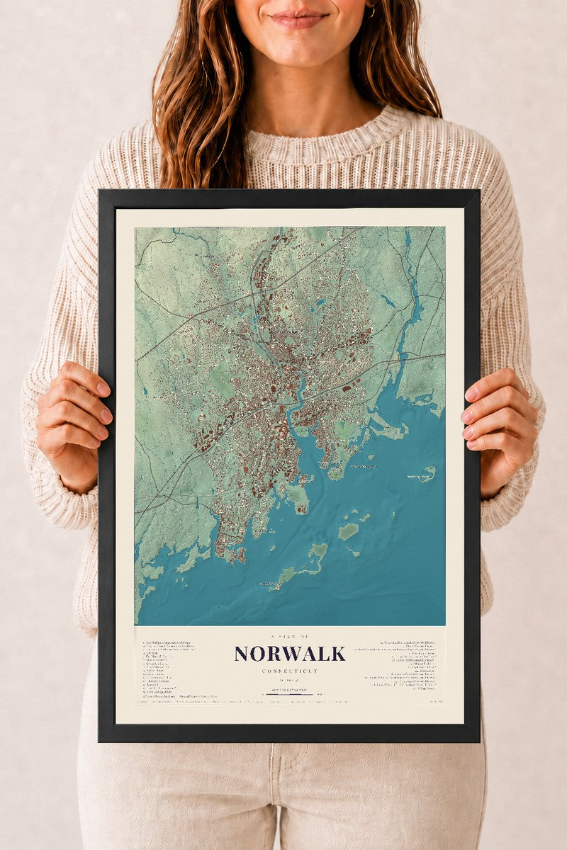 Norwalk, Connecticut map print, 12" x 18", W/ Black Ayous Wood Frame