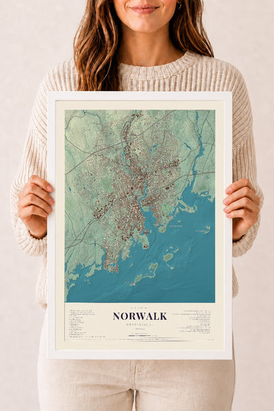 Norwalk, Connecticut map print, 12" x 18", W/ White Ayous Wood Frame