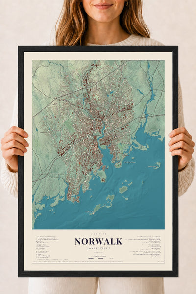 Norwalk, Connecticut map print, 18" x 24", W/ Black Ayous Wood Frame