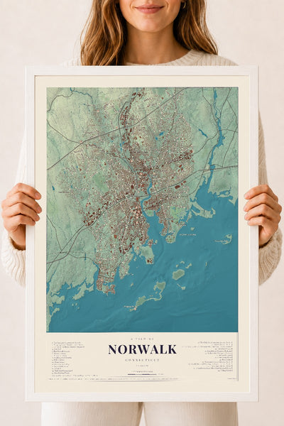 Norwalk, Connecticut map print, 18" x 24", W/ White Ayous Wood Frame