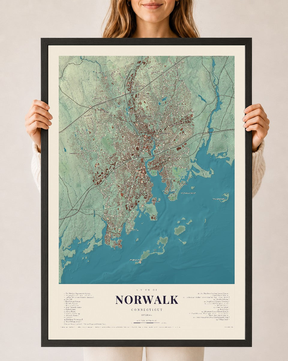 Norwalk, Connecticut map print, 24" x 36", W/ Black Ayous Wood Frame