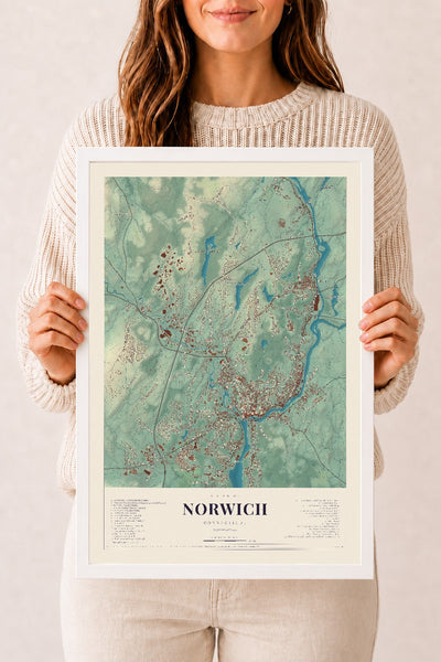 Norwich, Connecticut map print, 12" x 18", W/ White Ayous Wood Frame