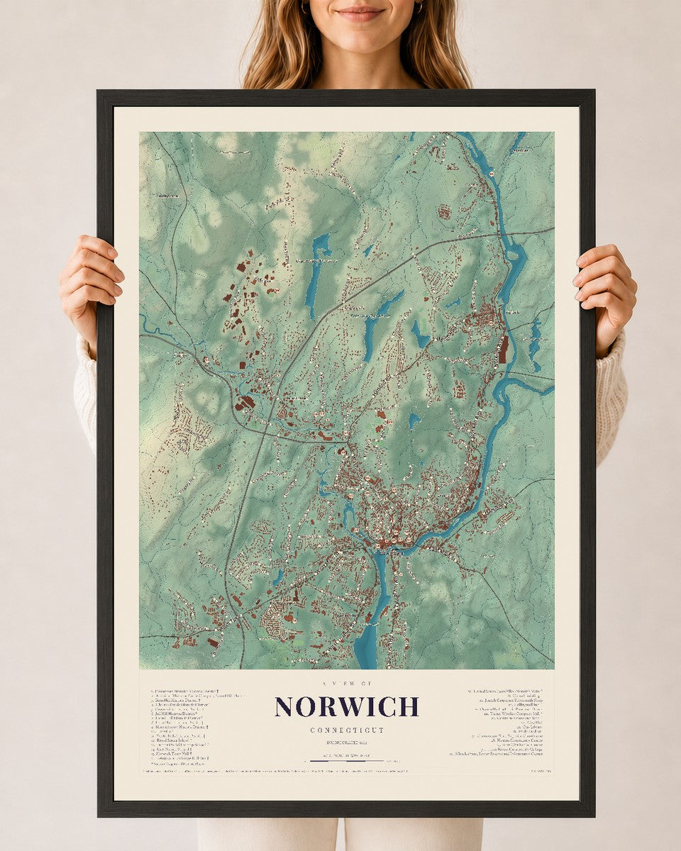 Norwich, Connecticut map print, 24" x 36", W/ Black Ayous Wood Frame