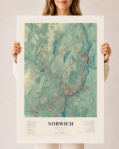 Norwich, Connecticut map print, 24" x 36", W/ White Ayous Wood Frame