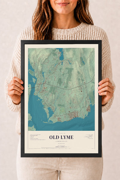 Old Lyme, Connecticut map print, 12" x 18", W/ Black Ayous Wood Frame