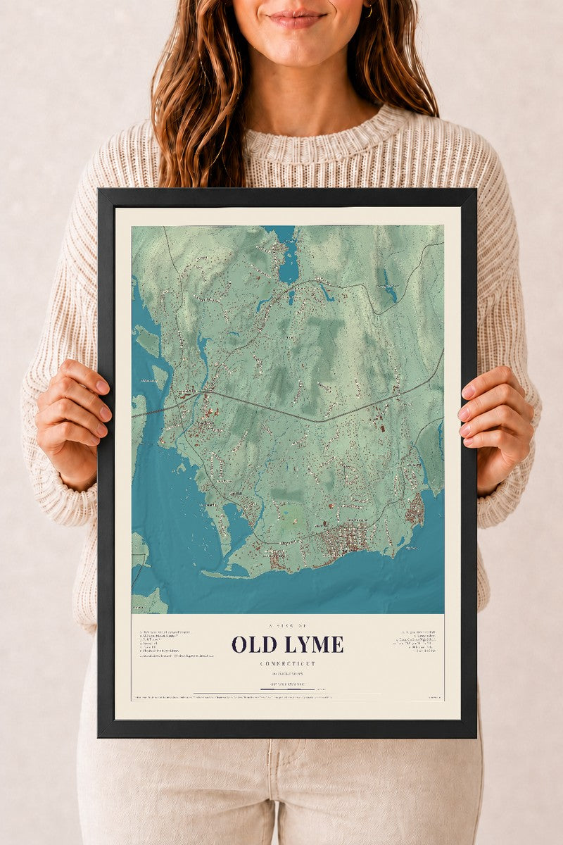 Old Lyme, Connecticut map print, 12" x 18", W/ Black Ayous Wood Frame