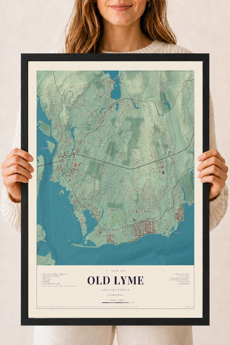 Old Lyme, Connecticut map print, 18" x 24", W/ Black Ayous Wood Frame