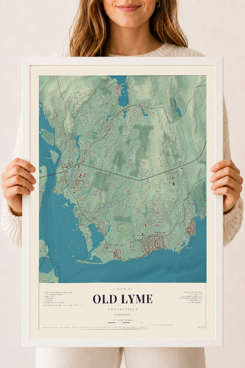 Old Lyme, Connecticut map print, 18" x 24", W/ White Ayous Wood Frame