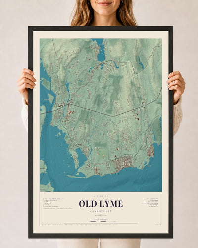 Old Lyme, Connecticut map print, 24" x 36", W/ Black Ayous Wood Frame