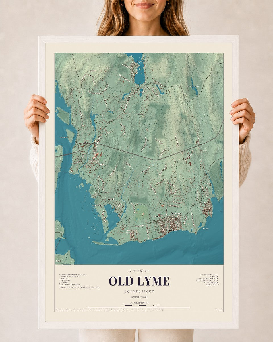 Old Lyme, Connecticut map print, 24" x 36", W/ White Ayous Wood Frame