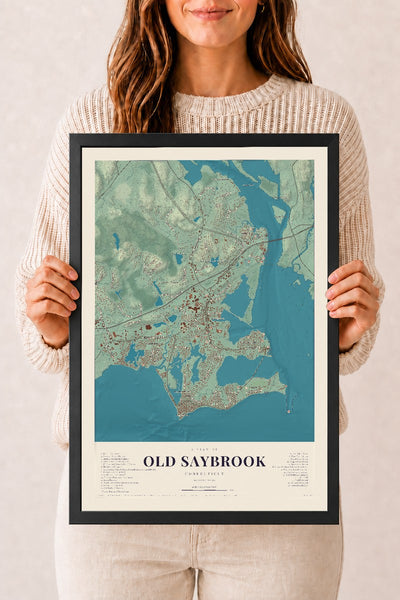 Old Saybrook, Connecticut map print, 12" x 18", W/ Black Ayous Wood Frame