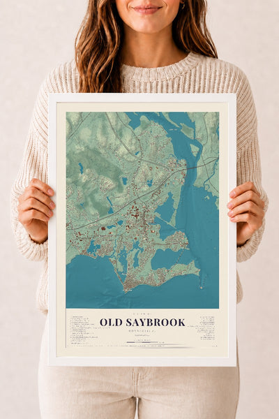 Old Saybrook, Connecticut map print, 12" x 18", W/ White Ayous Wood Frame