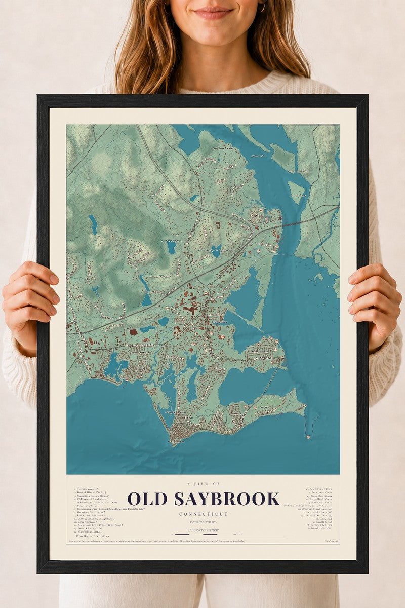 Old Saybrook, Connecticut map print, 18" x 24", W/ Black Ayous Wood Frame