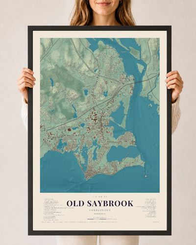 Old Saybrook, Connecticut map print, 24" x 36", W/ Black Ayous Wood Frame