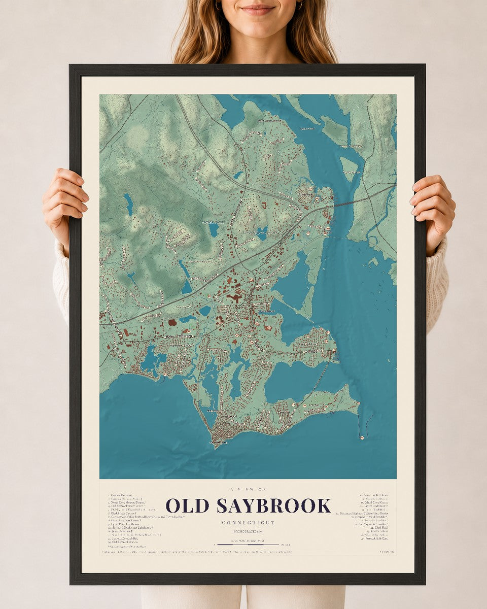 Old Saybrook, Connecticut map print, 24" x 36", W/ Black Ayous Wood Frame
