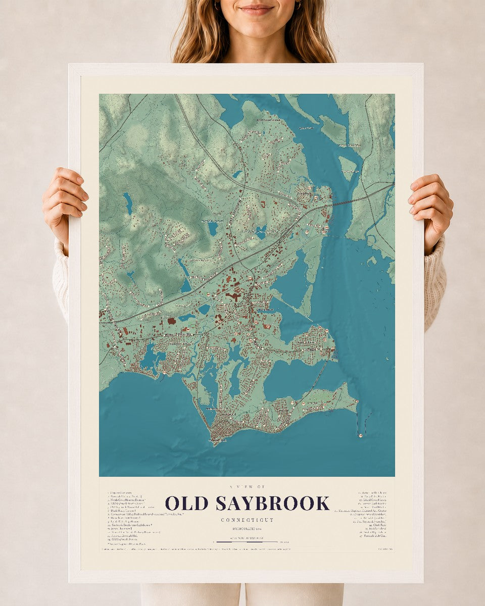 Old Saybrook, Connecticut map print, 24" x 36", W/ White Ayous Wood Frame