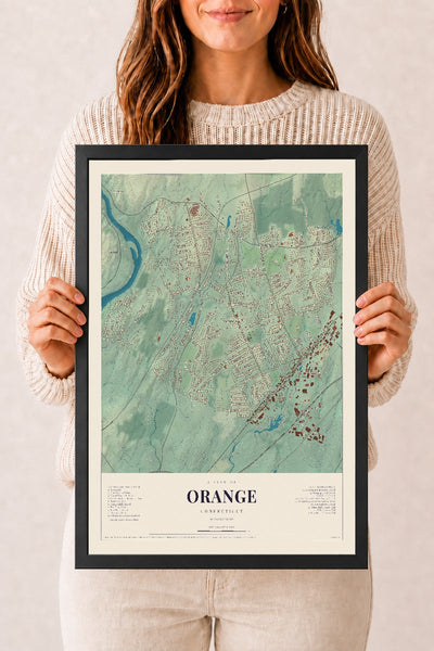 Orange, Connecticut map print, 12" x 18", W/ Black Ayous Wood Frame