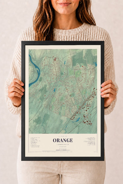 Map of Orange, Connecticut, 12 x 18 inch print in a black wood frame